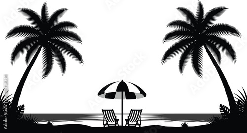 Tropical beach scene silhouette with palm trees and beach chairs