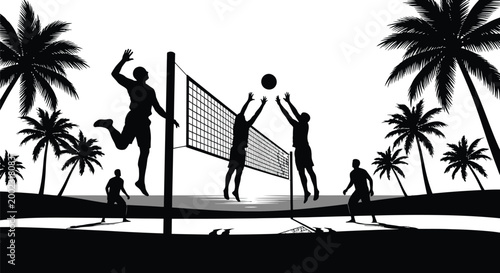 Beach volleyball players silhouette with palm trees and net