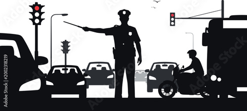 City traffic control a silhouette of a police officer directing vehicles at an intersection