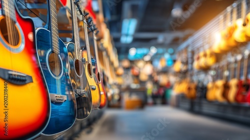 Colorful Guitars Hanging in Interior of a Musical Instrument Shop