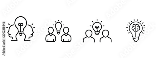 Idea line icons set brain lightbulb creative thinking brainstorming innovation smart solution logic team mind & more vector illustration with editable stroke.