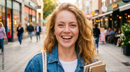 cheerful young woman laughing on a sunny shopping street with shops and cafes around