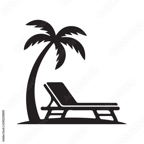 Silhouettes of tropical beach chair and palm tree isolated on white background. Summer vacation vector illustrations. 
