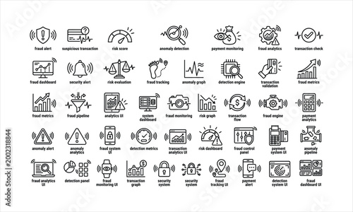 Collection of thin line representing financial security, fraud detection, and analytics