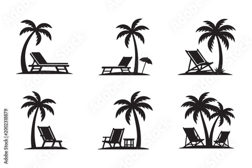 Set of tropical beach chair silhouettes with palm trees for summer vacation themes, travel designs, resort branding and relaxation concepts. Summer vacation vector icons isolated on white background.
