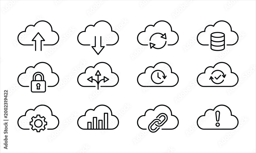 Fototapeta premium Collection of cloud computing with upload, download, sync, database, lock, arrows, clock, gear, chart, link, and alert symbols