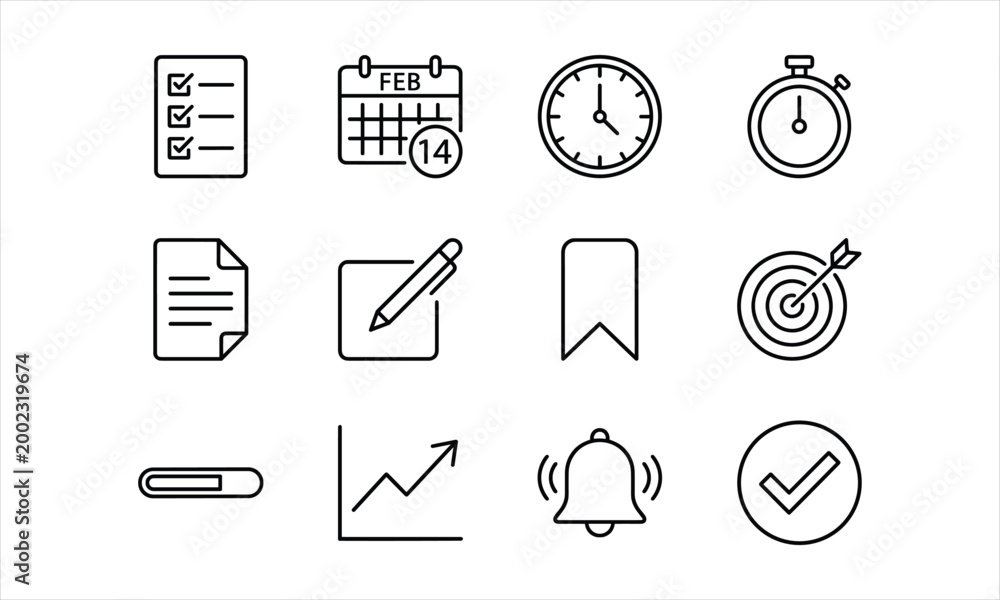 Fototapeta premium Collection of twelve black outline representing tasks, time, and goals on a white background