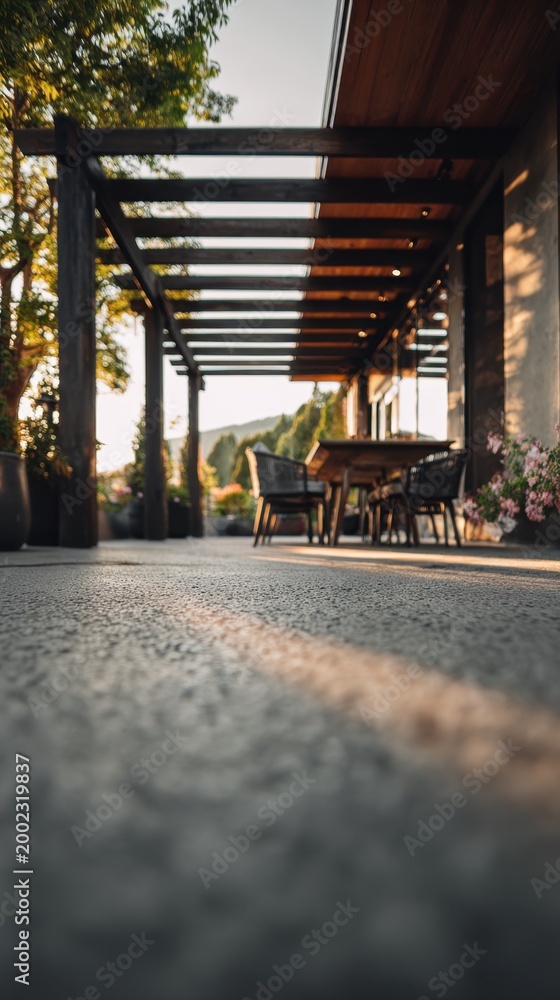 Fototapeta premium Relaxing outdoor patio with wooden pergola and comfortable seating surrounded by greenery on a sunny day in a peaceful natural setting
