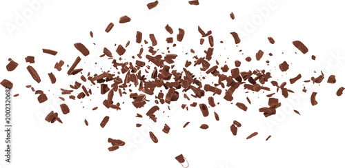 Explosion of Dark Chocolate Pieces and Shavings Isolated on White Background for Bakery, Confectionery, Dessert, and Sweet Food Product Advertisement Designs