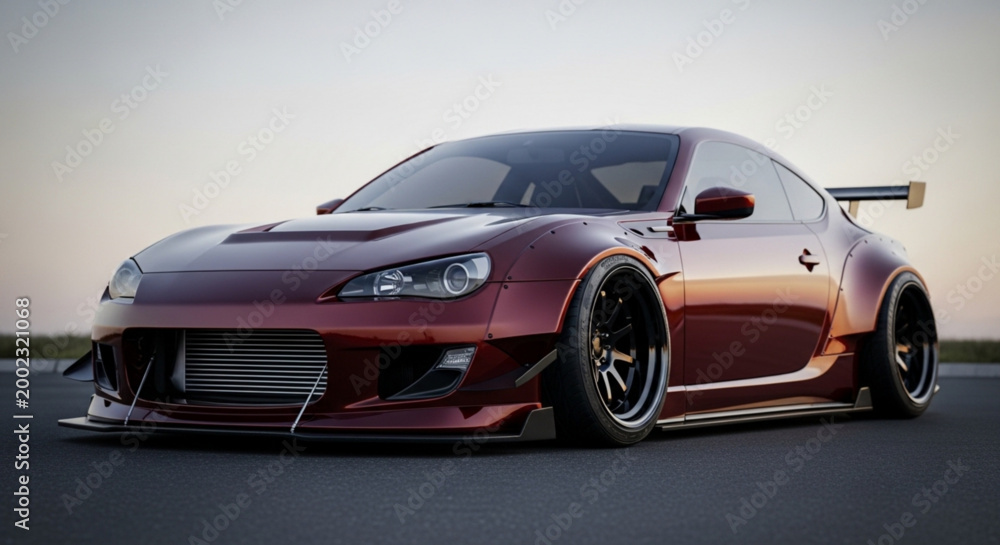 Obraz premium Red Widebody Sports Car with Custom Wheels and Spoiler on Asphalt Road, 3D Render.