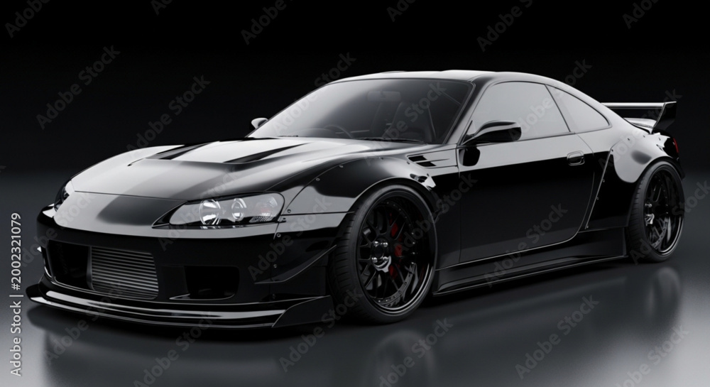 Fototapeta premium Black Sports Car Parked in Dark Studio with Reflective Floor, 3D Render