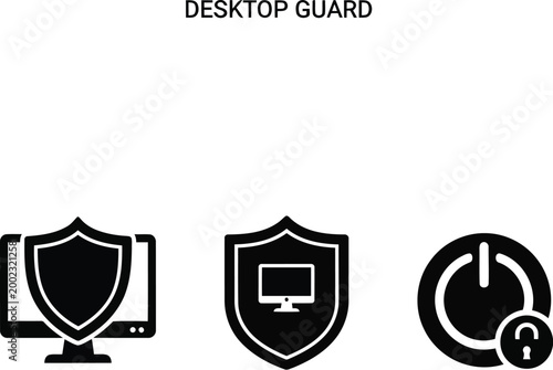 Desktop guard icons set with shield and lock