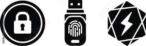 Black and white security icons with lock, fingerprint and lightning bolt