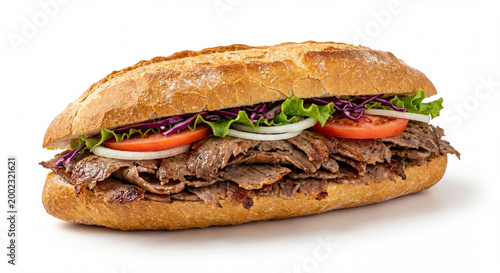 Turkish doner sandwich with fresh vegetables isolated on white background