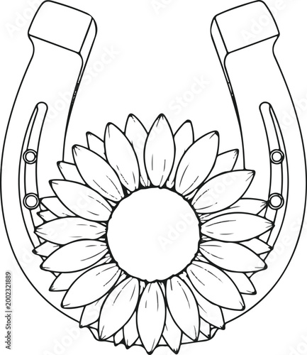 Horseshoe with Sunflower Line Art – Rustic Lucky Charm Illustration for Coloring and Vinyl Cutting