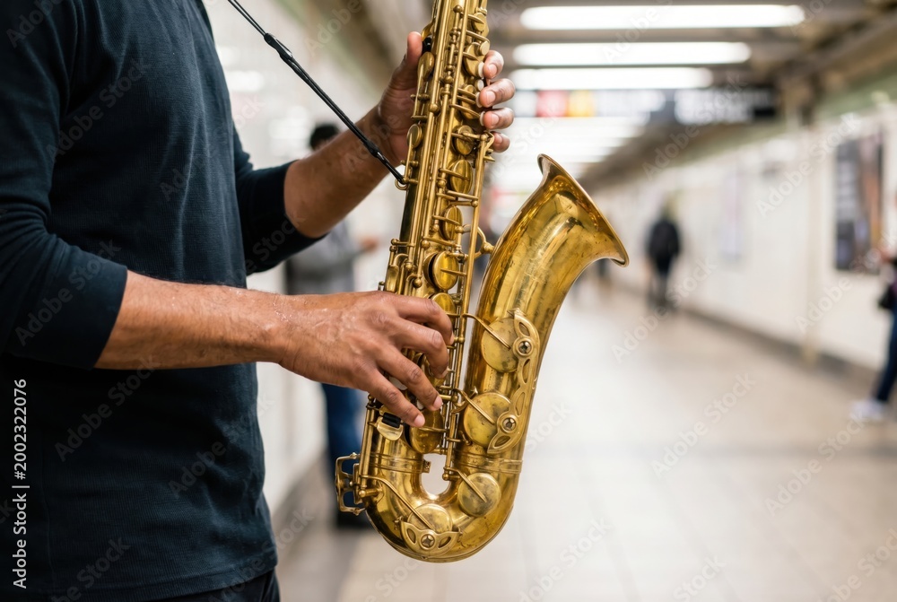 Obraz premium Musician hands pressing the golden brass keys of a saxophone while performing in a public subway corridor