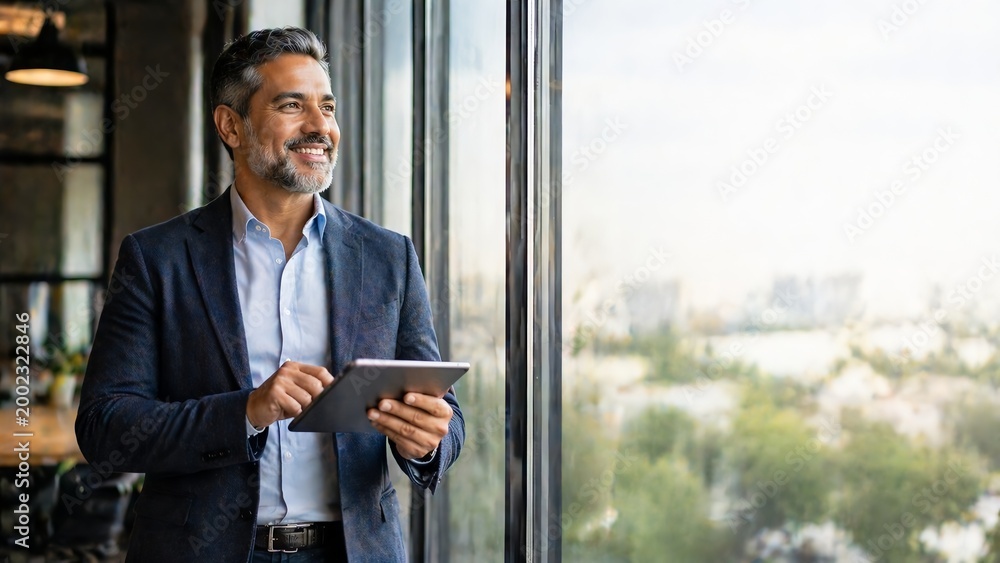 Fototapeta premium Confident businessman using tablet looking at future city view