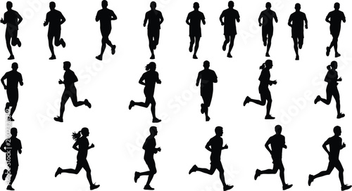 Collection of black silhouettes of men and women running, jogging, and sprinting in various poses, isolated on a white background, featuring diverse body types and athletic movement patterns