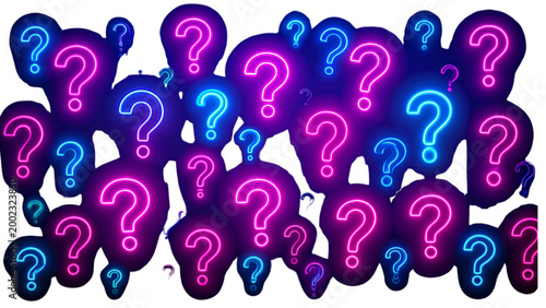 Vector realistic isolated neon sign of seamless pattern with questions for template decoration and covering. Concept of trivia night and question.