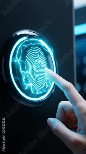 This shows a person using a biometric authentication device with fingerprint recognition technology. The device has a circular interface with a glowing blue light that scans the person's fingerprint