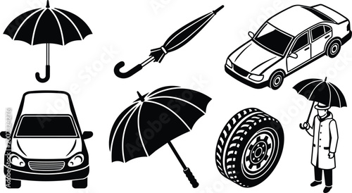 Black and white umbrella and car icons with tire and man holding umbrella