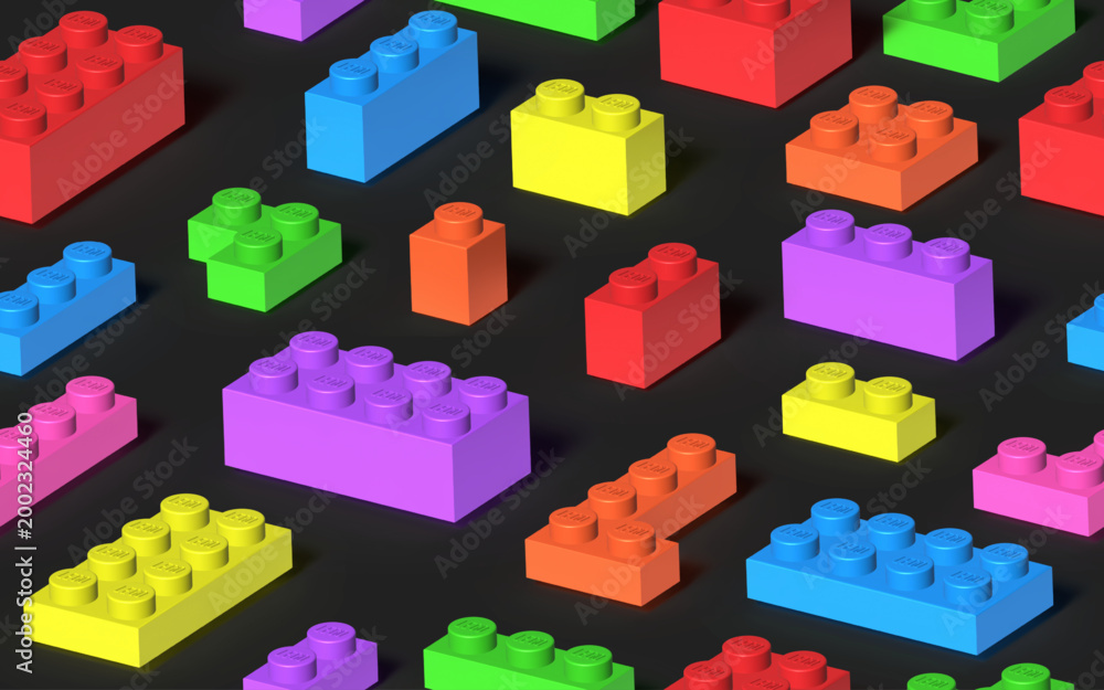 Fototapeta premium Seamless background made with realistic multicolor Lego plastik constructor blocks on dark grey background. 3D rendered vector editorial illustration