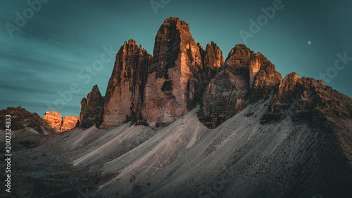 Fotografie Tre Cime di Lavaredo in golden light, Dolomites mountain landscape, Italy