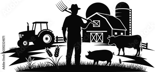 Farm life silhouette a farmer with livestock and barn in a black and white illustration