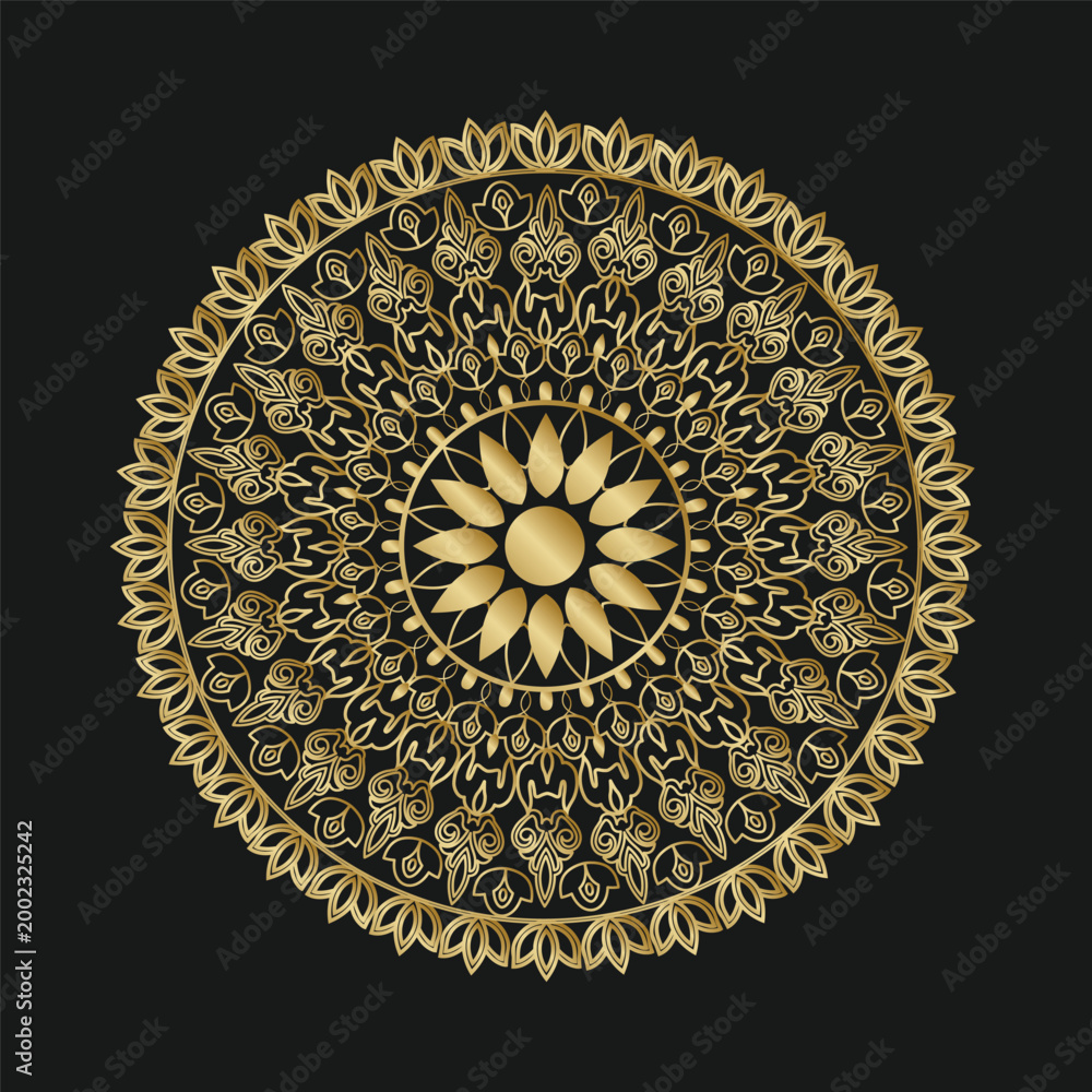 Obraz premium Minimal eye-catching luxury mandala art on a black background with circular floral and geometric patterns.