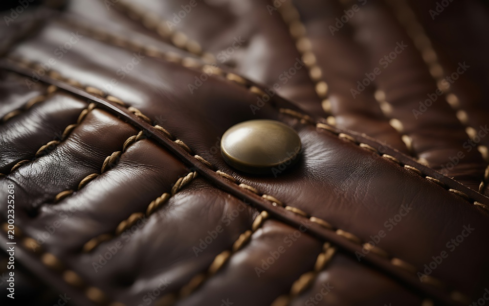 Fototapeta premium Close up of a luxurious brown leather chesterfield sofa with detailed stitching and a pearl button