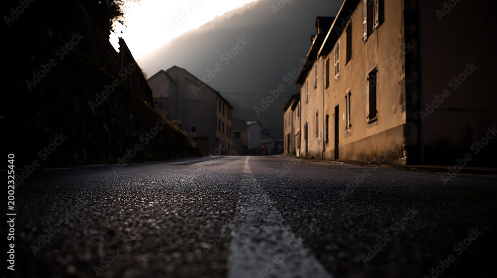 Obraz premium Low angle view of a misty, atmospheric narrow road with old town buildings at dusk or dawn, with soft, natural light and a mysterious mood