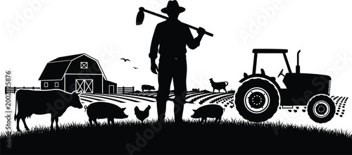 Vintage farm life silhouette a farmer with livestock and tractor in a rural scene
