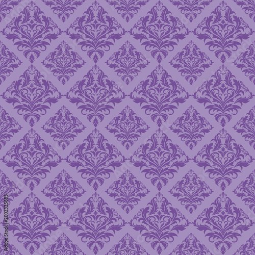 Luxury royal purple damask seamless pattern with elegant floral motifs