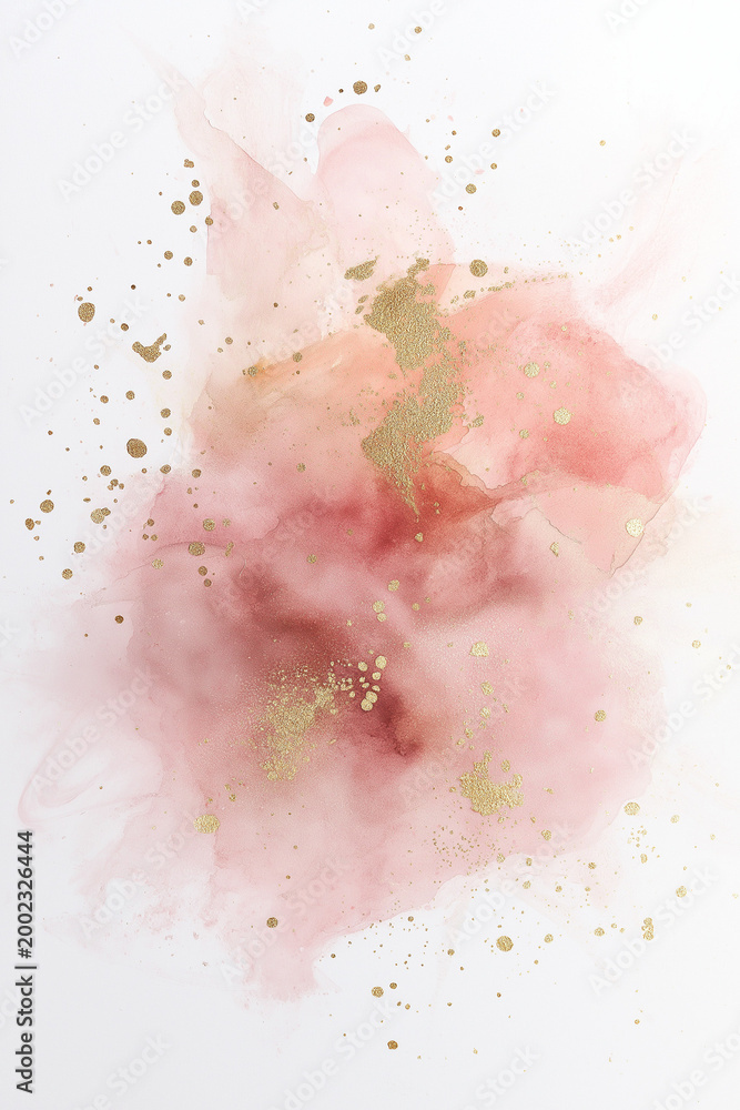 Fototapeta premium Abstract pink watercolor background with soft blush tones and gold foil splashes, creating an elegant, feminine, luxurious texture with airy artistic composition