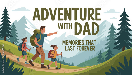 Adventure with dad a heartwarming vector illustration of family hiking in mountains father's day 