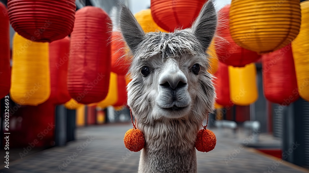 Obraz premium Charming Alpaca with Oversized Round Earrings Among Colorful Lanterns