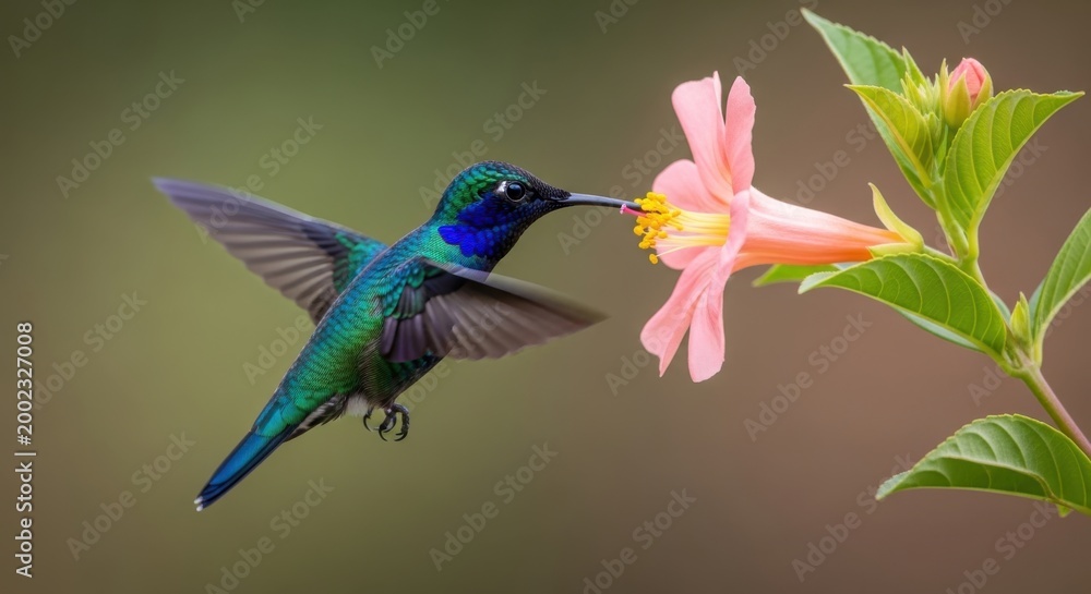 Fototapeta premium Hummingbird Feeding on Pink Flower, Capturing Nectar in Mid-Air, Vibrant Wildlife Photography