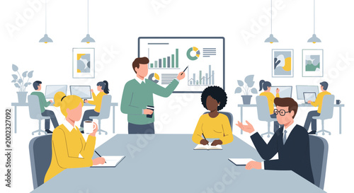 A group of business professionals engaged in a meeting with a presenter