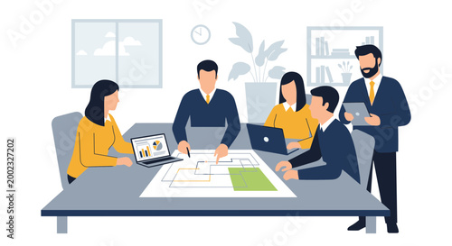 A group of business professionals collaborating on a project plan in a modern office setting