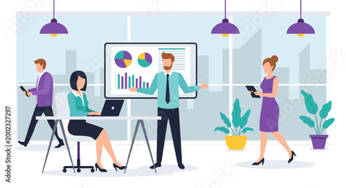 A modern office scene with coworkers collaborating and working together