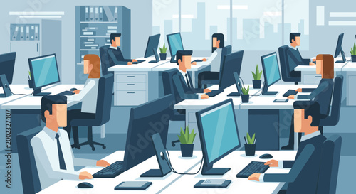 A group of business professionals working at their desks in an office