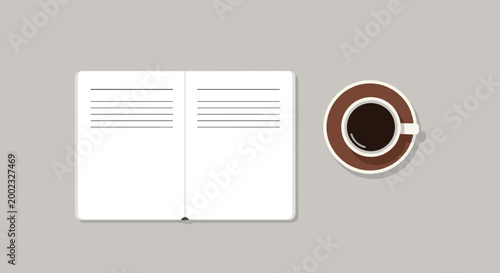 A vector graphic illustration of an open book and a cup of coffee on a gray background