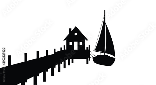 Coastal house and sailboat on pier black silhouette