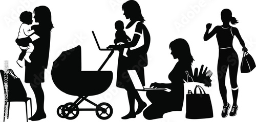 Motherhood silhouette a collection of women with babies strollers and everyday activities