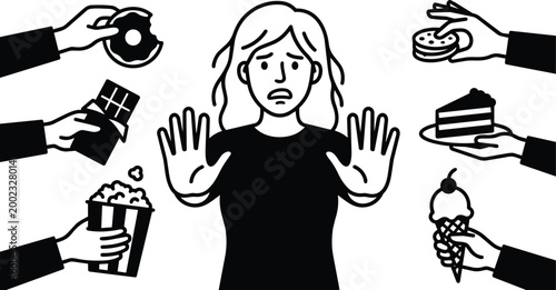 Black and white line art woman stopping hands offering donut chocolate popcorn cookie cake and ice cream