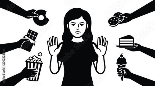 Black and white vector woman raising hands refusing snacks from multiple hands