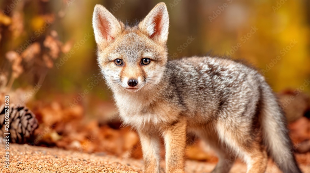 Fototapeta premium Fox Standing on Surface Covered with Fine Rust-Colored Leaves in Nature