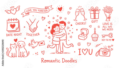 Romantic vector doodles love relationships and valentine's day vector illustrations