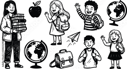 Black and white school children and teacher with books globe and paper plane vector art
