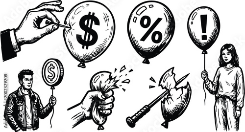 Black and white line art balloons with dollar percent and exclamation symbols and people